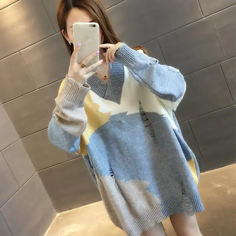 

Korean Version Of 2021 Autumn And Winter New Female Net Red V-neck Sweater Loose Outer Wear Base Sweater Tide Shirt