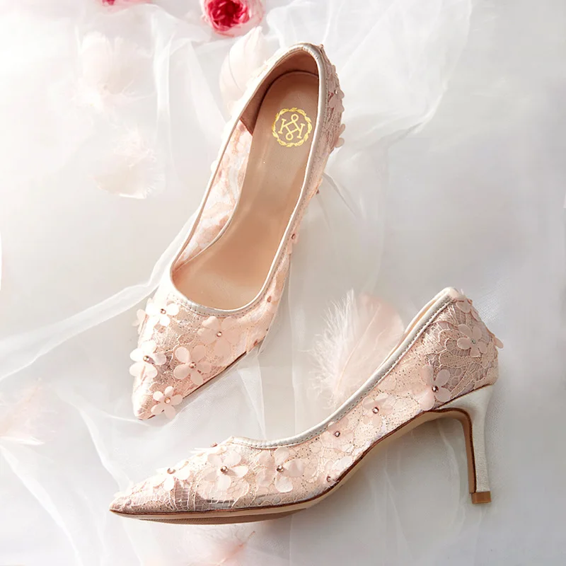 

high heels 2020 new net red naked color sexy shallow mouth pointed flower wedding shoes