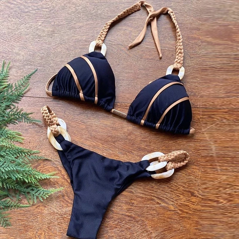 

Halter Swimsuit Female High Cut Bathing Suit Triangle Bikini Set 2021 Fashion Bathers Patchwork Swimwear Women Micro Biquini New