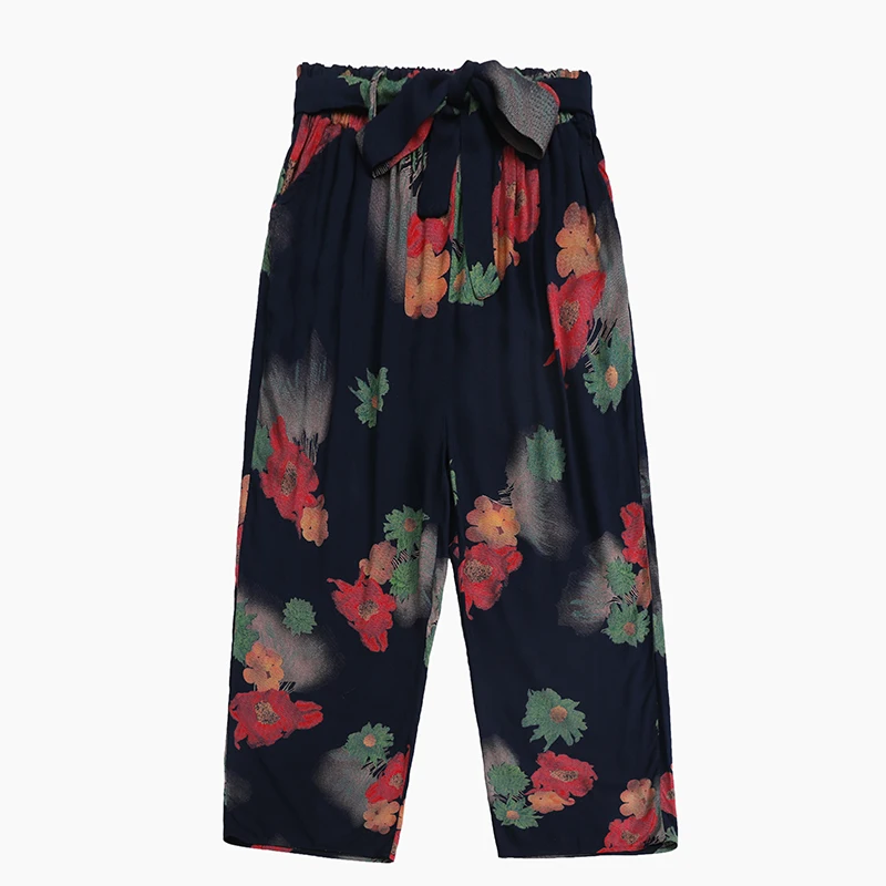 Брюки женские с завышенной талией широкие прямые штаны поясом и бантом принтом в