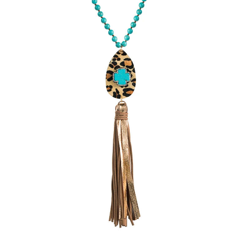 

Bohemian Natural Stone Pendant Necklace for Woman Hand Made Leopard Print Tassel Sweater Chain Girls Party Jewelry Accessories