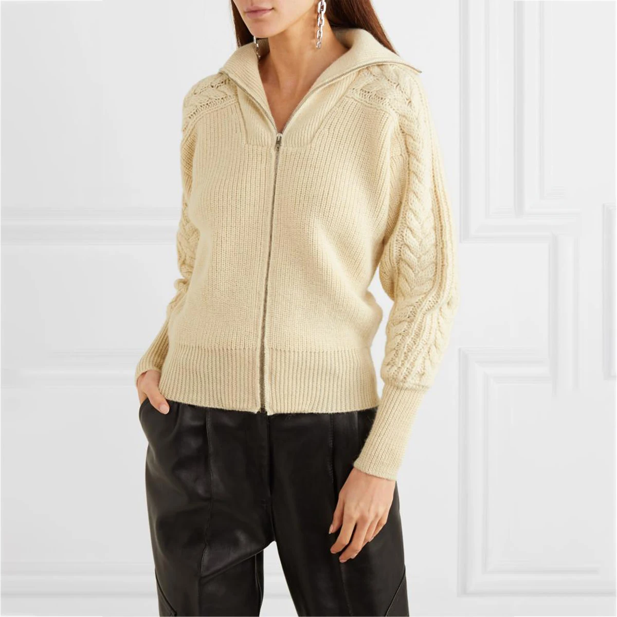

Beige Double Zippers Knitted Sweater Women Autumn Winter Long Sleeve Turn Down Collar Cardigan Casual Vintagte Solid Tops 2020