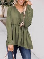 new women cotton v neck splicing shirt tops waffle knit long sleeve buttons shirts 2021 spring autumn casual loose blouse female