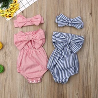 new fashion newborn baby clothes off shoulder bowknot striped bodysuit 2pcs jumpsuitheadband outfits set girl cute clothing
