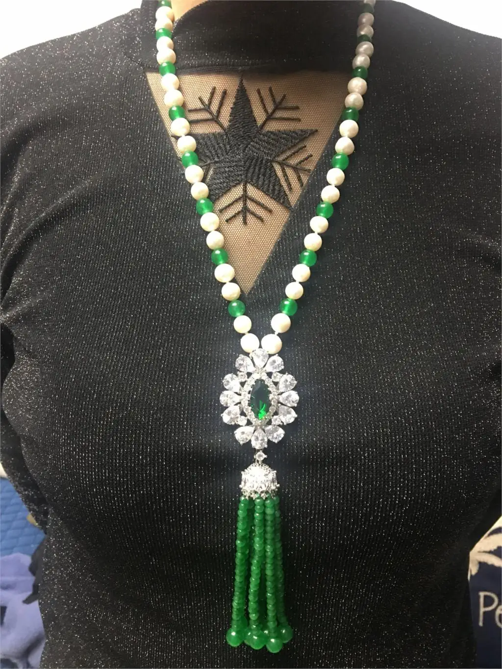 Фото Длинное ожерелье-цепочка с натуральным пресноводным жемчугом 9-10 мм | Украшения и