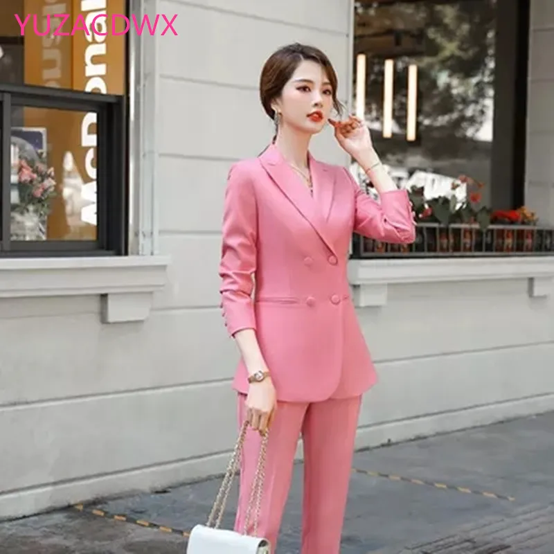 Office Ladies Pink Blue Formal Pant Suit Women Long Sleeve Single Breasted Work Wear Jacket and Trouser 2 Piece Set Blazer Black