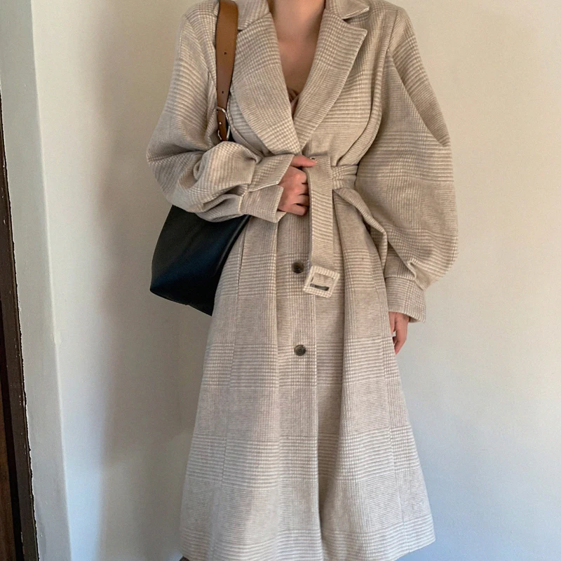 Новое зимнее женское клетчатое шерстяное пальто с отворотом однобортное длинное