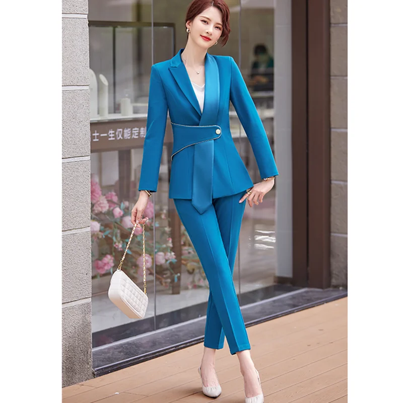 

High Quality Office Ladies Black Green Blue Pink Pant Suit Trousers Women Elegant Female Formal Work Business 2 Piece Set S-5XL