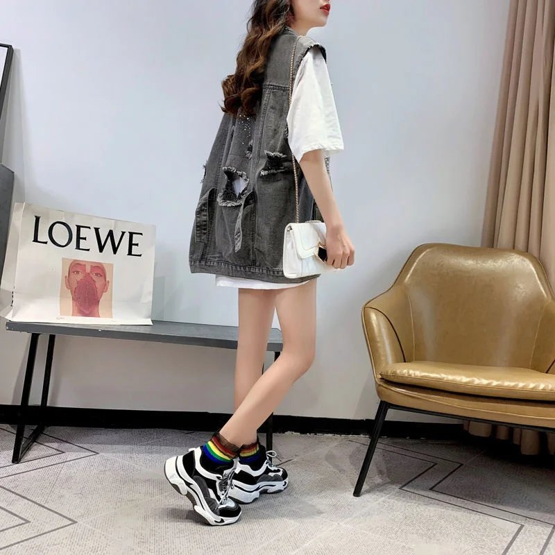 

Women's Vest Diamonds Hole Summer Denim Jacket Gilet Jeans Coat For Female Students 2021 Loose Korean Versatile Polly Pocket