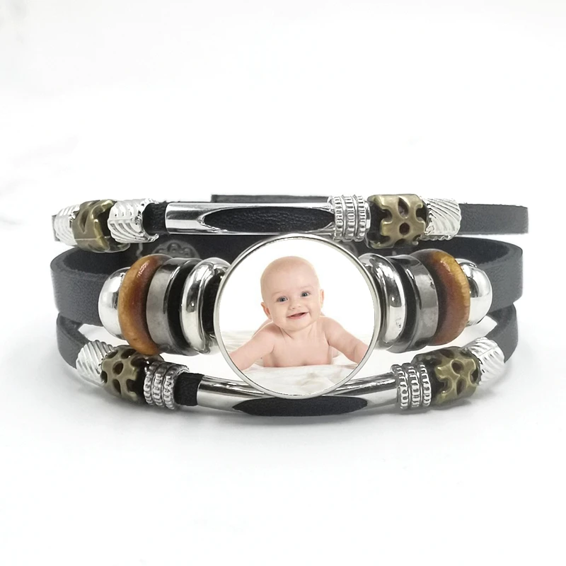 

New Style Black Punk Style Leather Snap Buckle Glass Custom Bracelet Baby Children Parents Siblings Friends Art Photo Custom