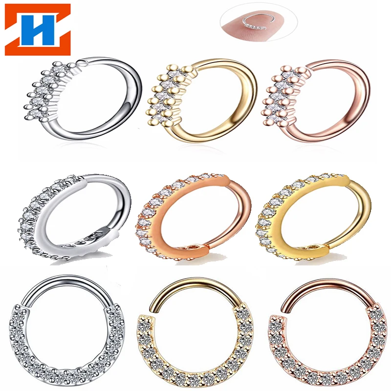 

1PS Copper Hinge Segment Hoop CZ Stone Nose Stud Nose Ring Labret Tragus Cartilage Daith Helical Stud Body Piercing Jewelry