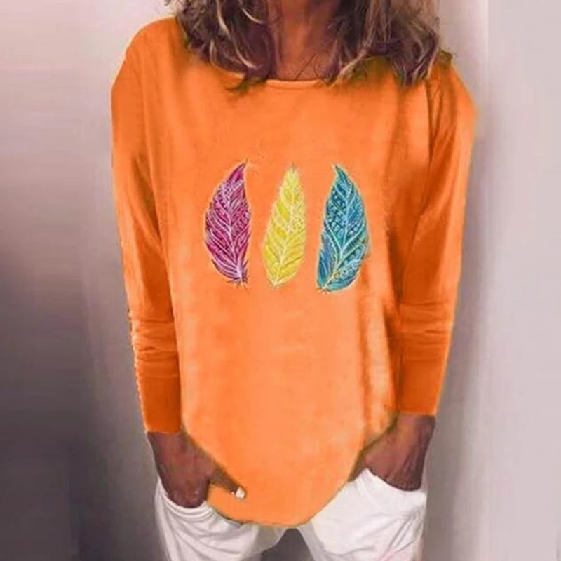 

Женская свободная футболка с длинным рукавом и круглым вырезом