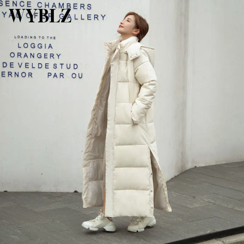 WYBLZ 2021 Women Thicken Parka Jacket Fashion Elegant Long Cotton Jacket Coat Korean Solid Color Slim Winter Clothing for Lady