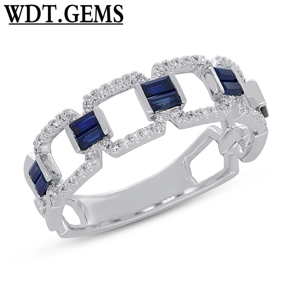 

Womens 0.56 tcw 10K White Gold Baguette Cut Blue Sapphire Diamond Link Ring