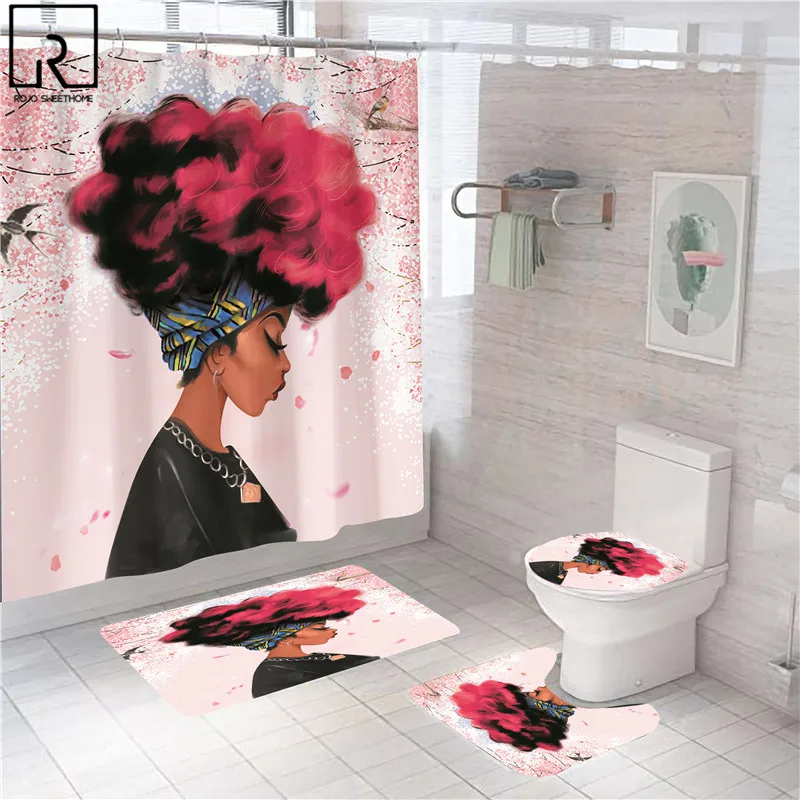 

Sexy African American Women Shower Curtain 3d Print Bathroom Toilet Cover Bath Mat Set Carpet Non-slip Rug Modern Pad Home Decor
