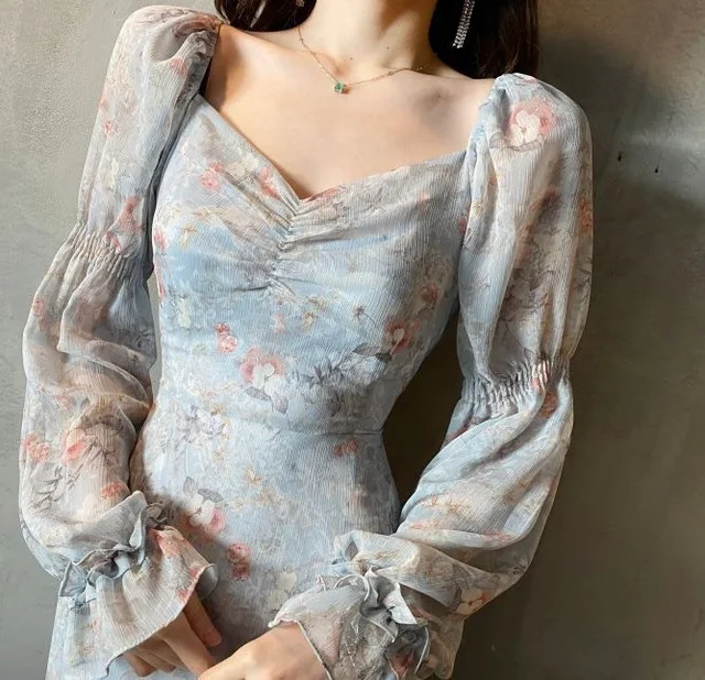 

Floral Print Dress Women Sexy V Neck Puff Sleeve Ladies Vestidos Summer 2021 Elegant Slim Waist Female Dresses 1B110