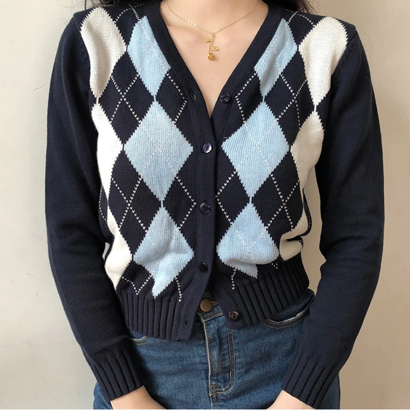 

Vintage Geometric Argyle Sweater Cardigan Women Spring Knit Long Sleeve V Neck Outerwear 2020 Elegant Knitted Ladies Sweaters