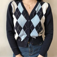 vintage geometric argyle sweater cardigan women autumn knit long sleeve v neck outerwear 2020 elegant knitted ladies sweaters