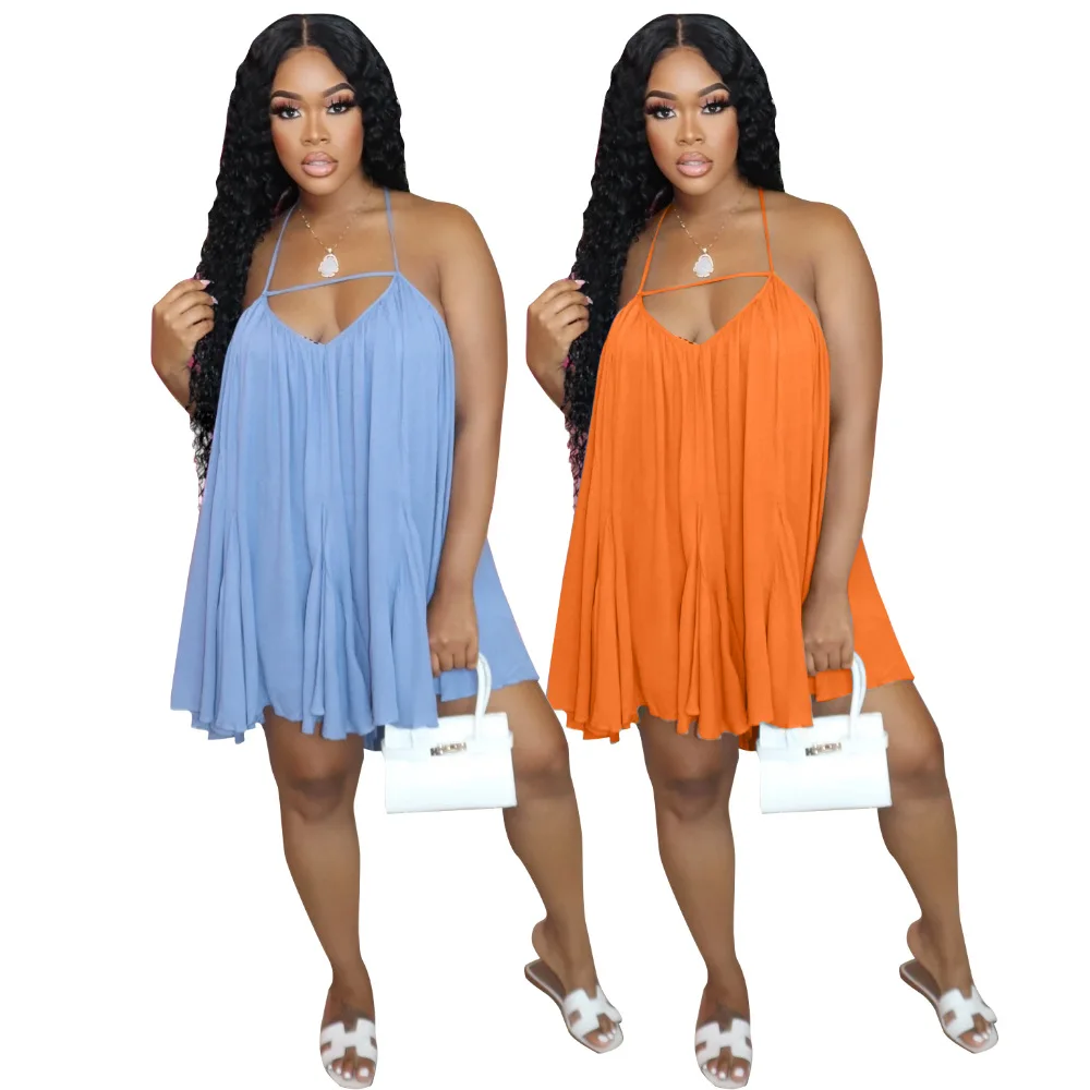 

Женское Плиссированное мини-платье, однотонное платье-трапеция на бретелях-спагетти с открытой спиной, без рукавов, для ночного клуба вечер...