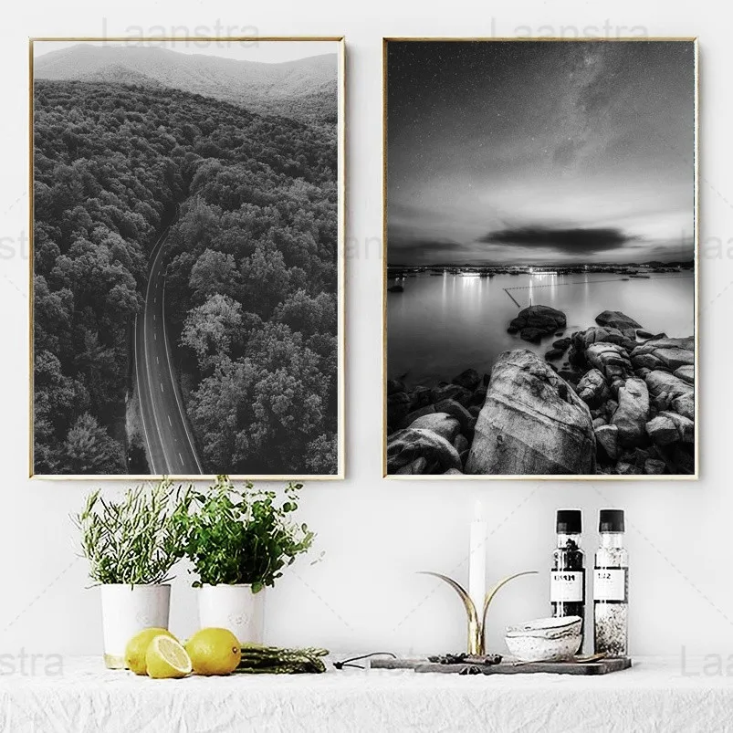 

The Road Between The Forests In The Mountains Black and White Home Decoration Painting Leaves Simple Waterside Rocks Living Room