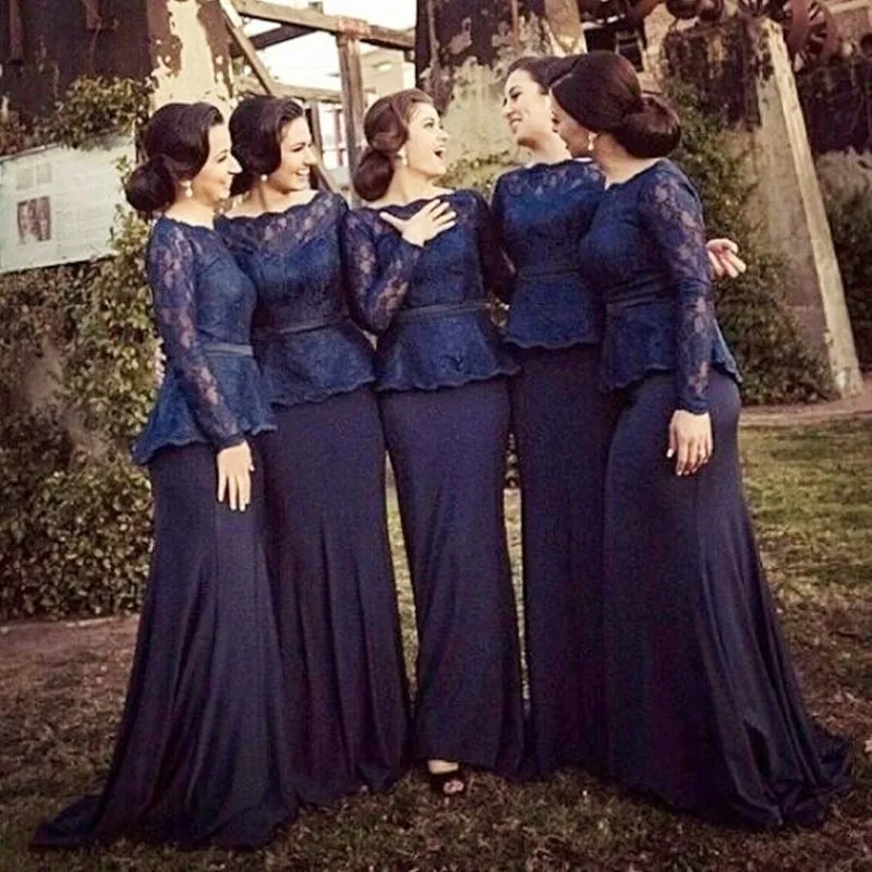 

Mermaid Scoop Long Sleeve Maid of Honer Bridesmaid Dresses Lace Plus Size Bridesmaid Dress Navy Blue Wedding Party Dress