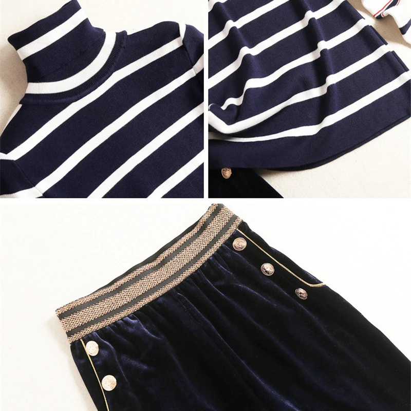 

2020 New Fall WInter Outfits Striped Turtleneck Knit Top and Velvet Pants Suit Sets High Street Fashion Woman Pants 2Piece Set