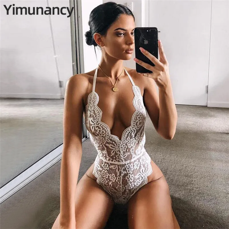 Yimunancy кружевной комбидресс с открытой спиной 7 цветов Прозрачный женский боди