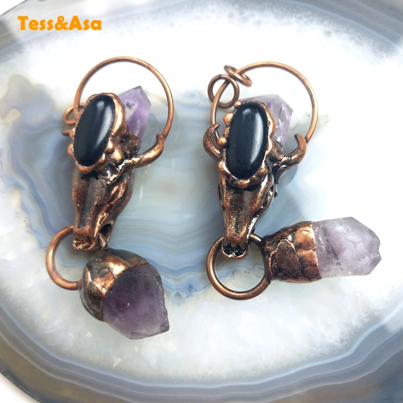 Черный агат аметист кристалл медь крупный рогатый скот в форме быка подвеска для