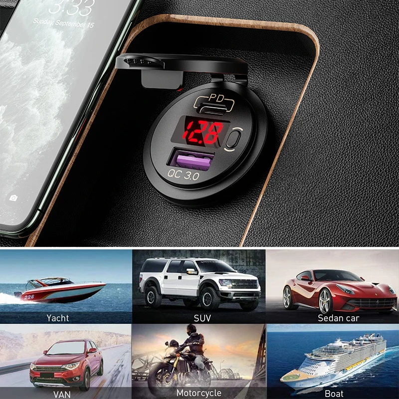 Car USB Charger QC3.0 PD Type C with Switch Socket for 12V/24V Vehicles Boat Motorcycle SUV Bus Truck Caravan Marine | Автомобили и