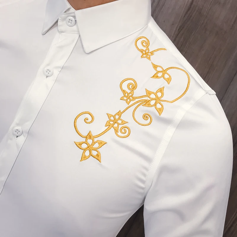 Рубашка мужская с вышивкой модная облегающая длинными рукавами деловая уличная