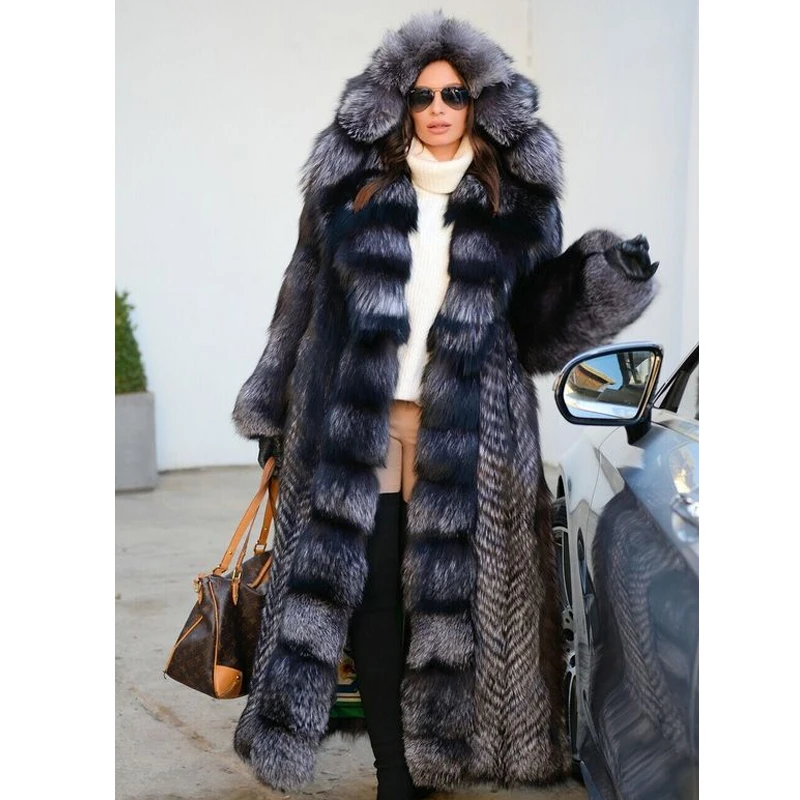 

BFFUR Long Fur Coats For Women Winter Fashion 2021 New Trendy Whole Skin Silver Fox Fur Coat With Hood Thick Warm Fur Overcoats