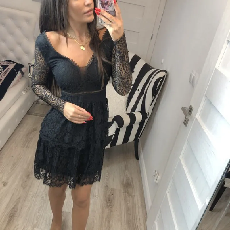 Женское элегантное черное кружевное платье сексуальные облегающие платья с V