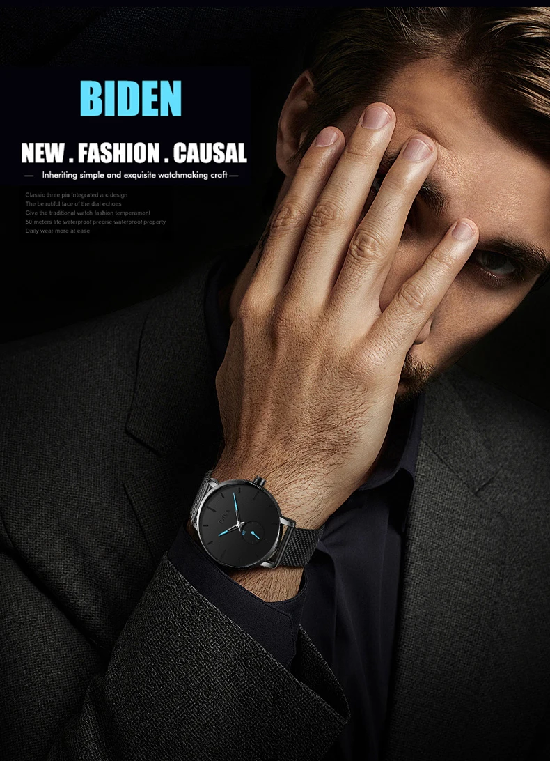 Reloj Hombre BIDEN Top Brand Luxury Men Watches Waterproof Ultra Thin Date Wrist Watch Male Mesh Strap Casual Quartz Clock