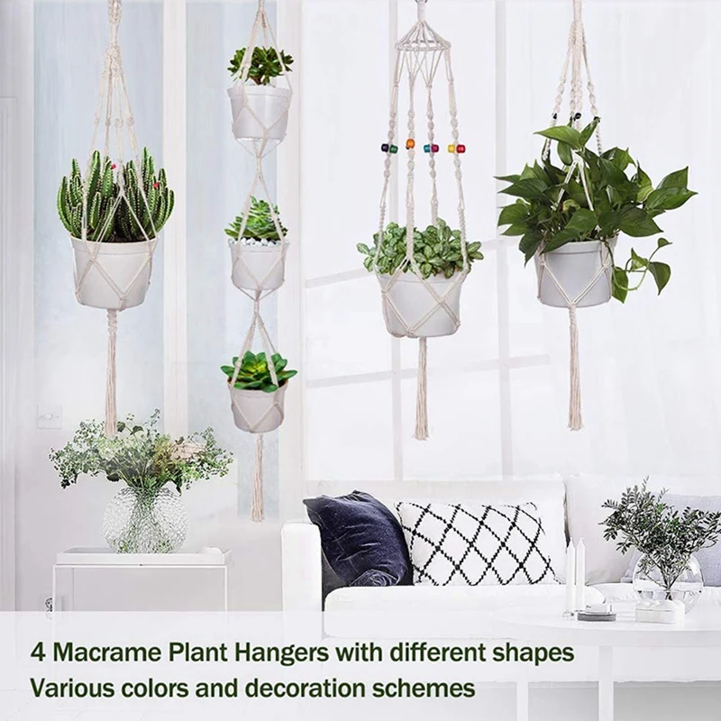 

4x Macrame Plant Hanger White Handmade Cotton with 4 Hanging Hooks & 6x Flower Pots 8.6 Inch with Drainage Hole and Tray