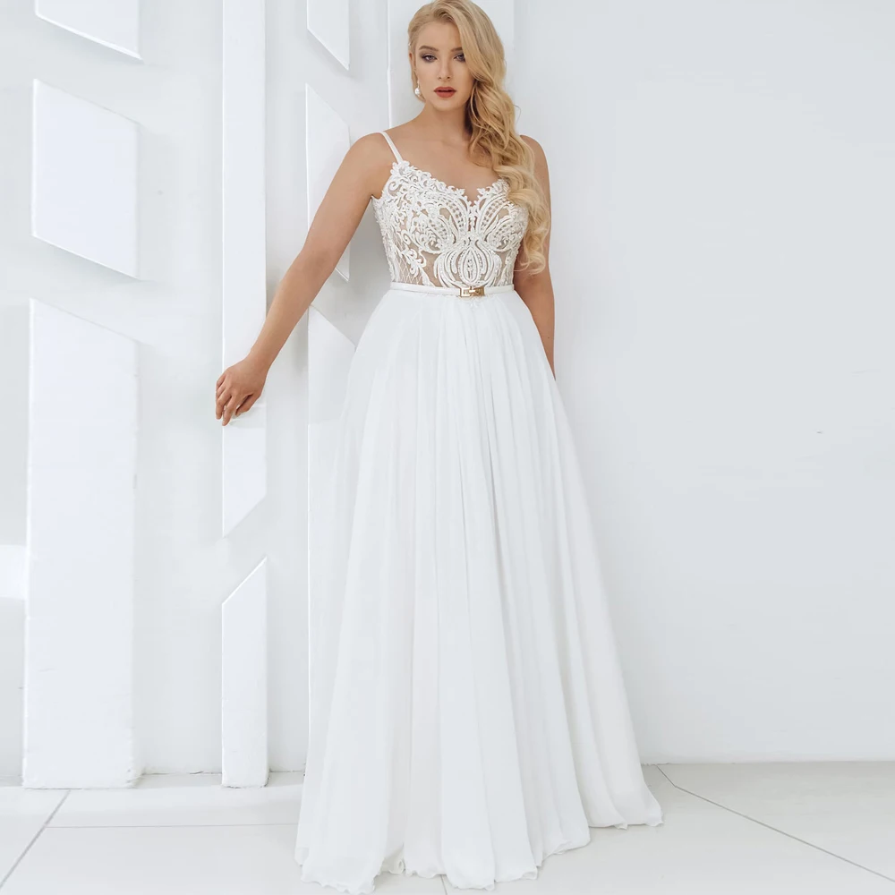 

Vestidos Charming Wedding Dresses Chiffon Appliques Sashes Pleat V-Neck Spaghetti Straps Zipper Plus Size A-Line Bridal Gowns