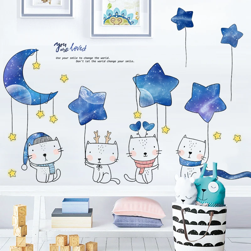 

Cartoon Cute Cat Wall Sticker Kids Room Bedroom Wall Decor Moon Stars Decals Living Room Decoration Aesthetics Poster Decor