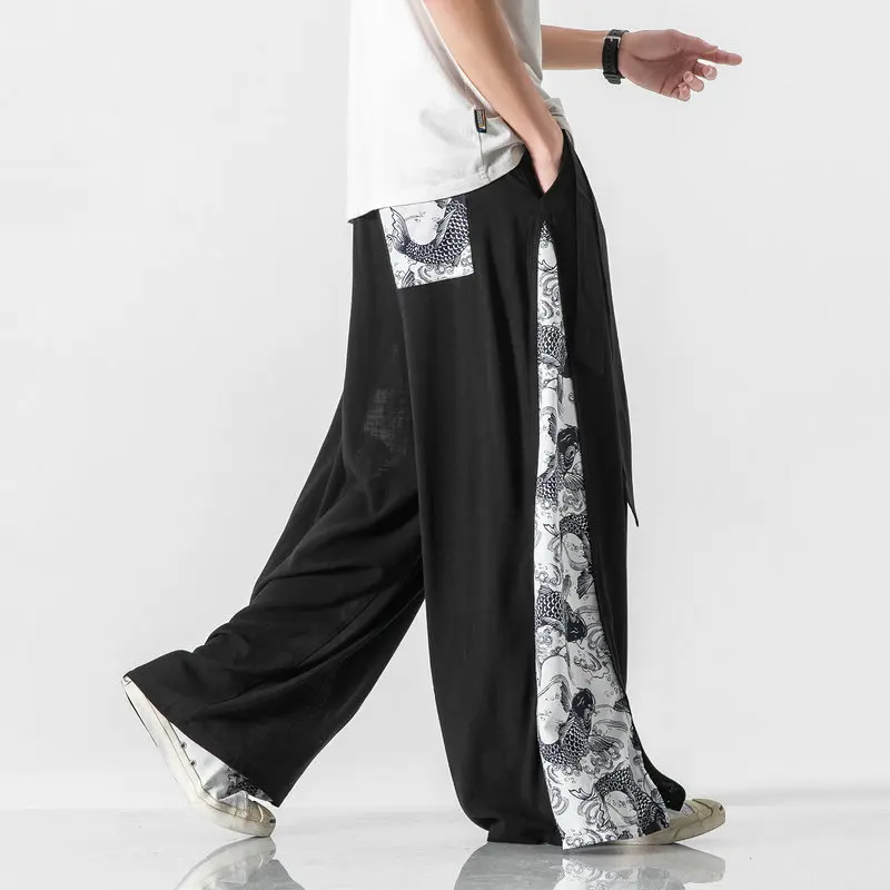 

2021 Summer Jogger Harajuku Style Cotton Pants Mens Patchwork Vintage Loose Trousers Male Wide Leg Pants Large Size 5XL