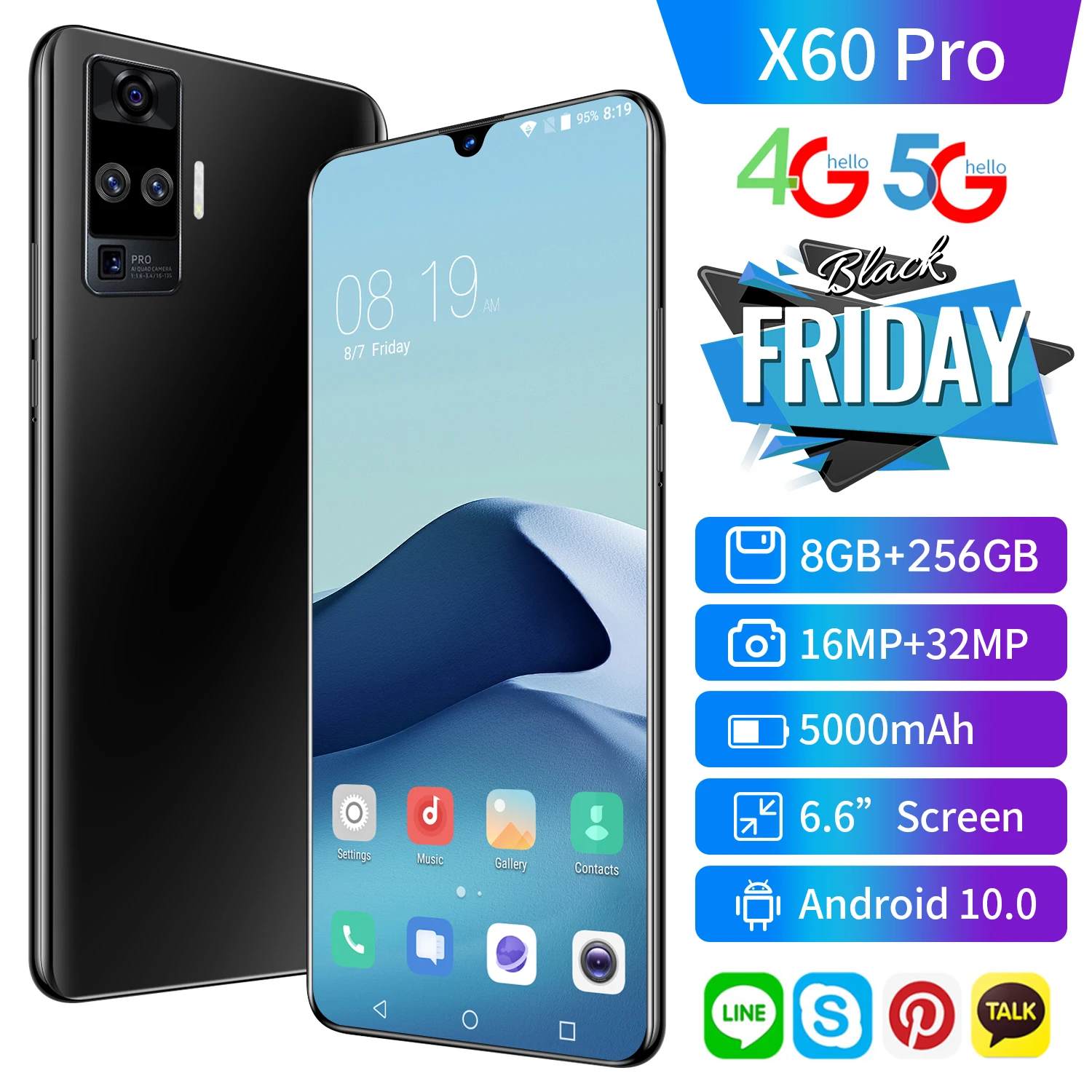 

X60 Pro SmartPhone 6.6 Inch HD 16+32MP Rear Camera 8 256GB 5000mAh Android 10.0 Dual SIM 5G LTE Network Global Version Cellphone