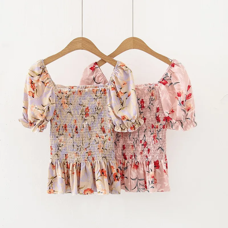 

New Chiffon Shirt For Women Sexy Sweet Slim Floral Print Crop Top Trendy Wild Slash Neck Short Sleeve Pleated Blouse