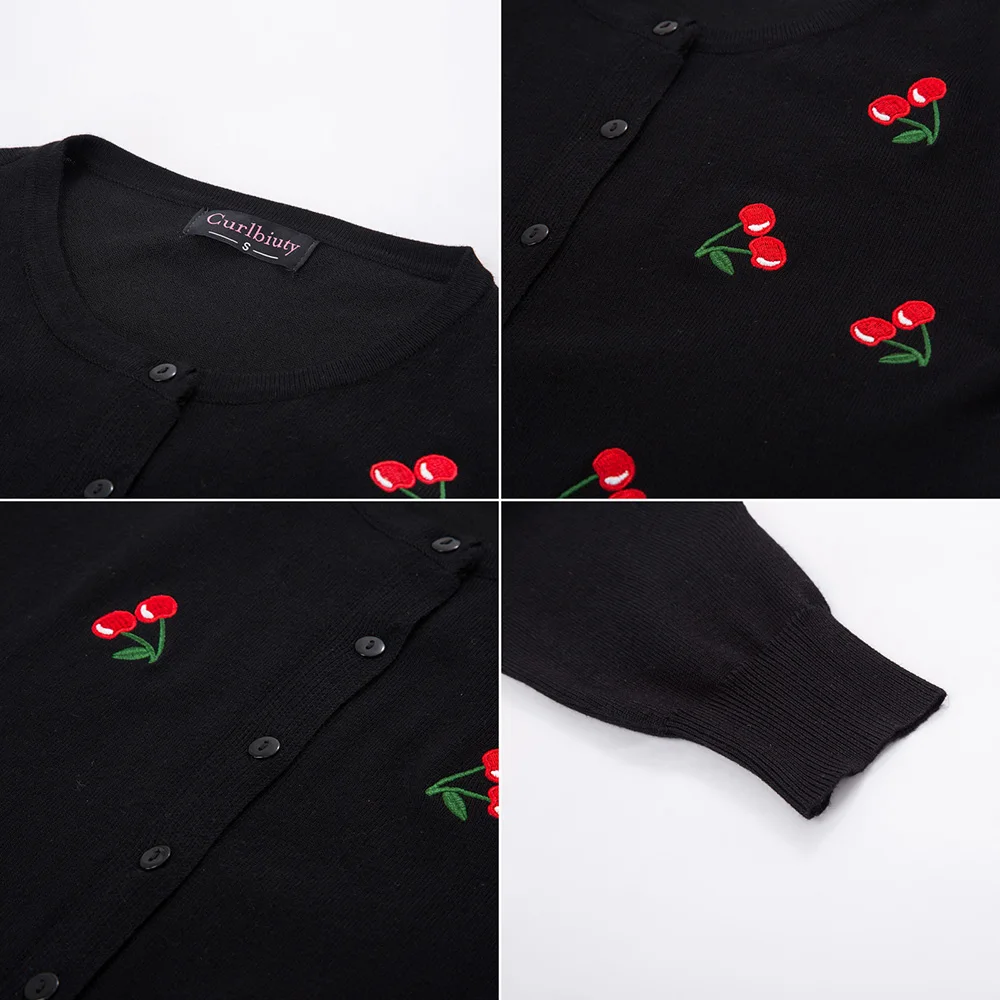 Женское пальто джемпер с вышивкой вишни трикотажное вязаная одежда вырезом