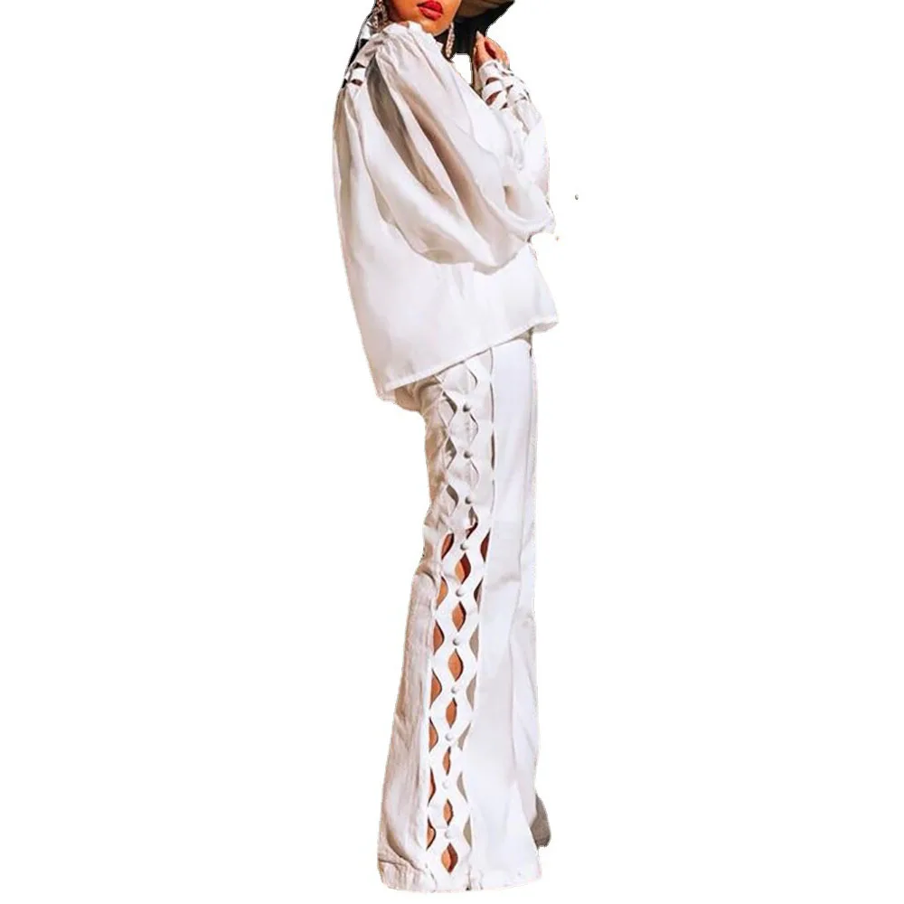

2021 European American Lace Shirt White Long Temperament Commuter Lantern Sleeve Solid Color Hollow Sexy Retro Two-piece Suit
