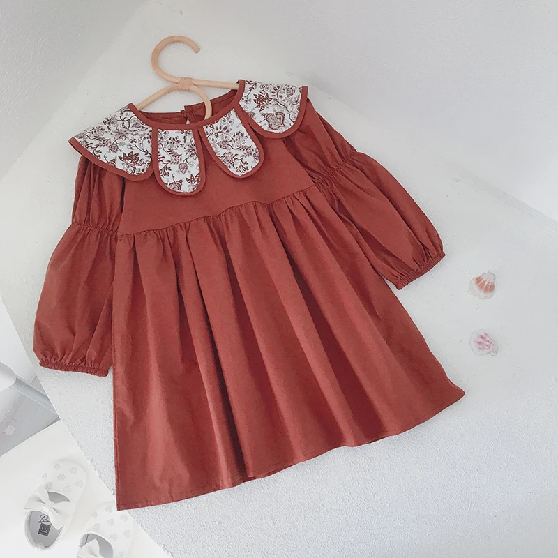 

Bear Leader Baby Girls Retro Doll Collar Puff Sleeve Dresses Cute Princess Clothing Flower Print Autumn Children Fall Clothes