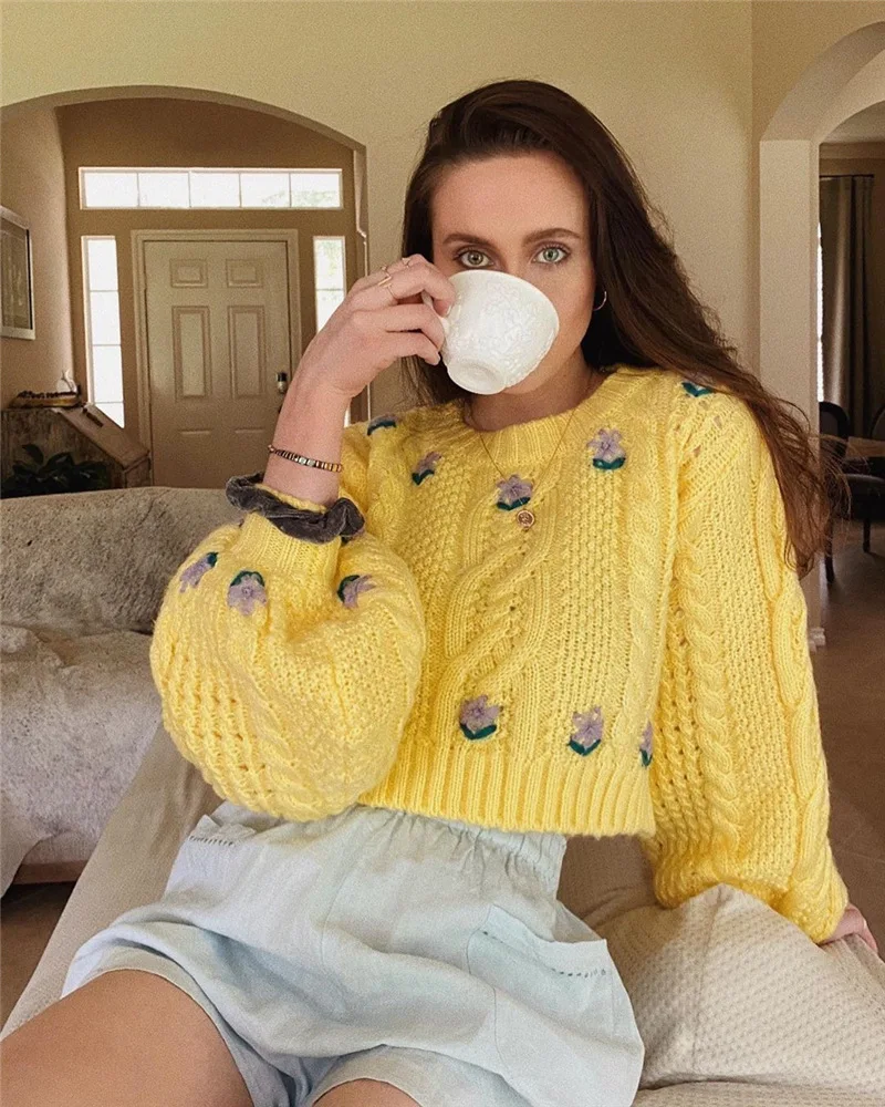 

Cute Lemon Yellow Cropped Sweaters Woman Boxy Sweater Lantern Sleeve Cropped Knitted O-Neck Pullover Tops Street Wear Autumn