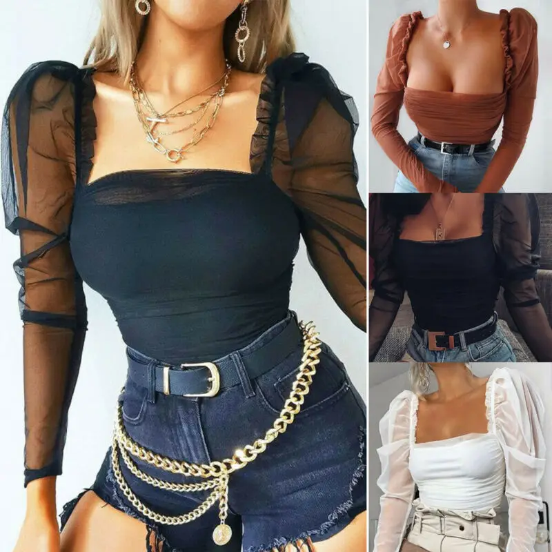 2020 New Fashion Women Sheer Mesh Shirts Sexy Ruched Puff Long Sleeve Square Neck Slim Fitted Blouses Office Ladies Blouse Black | Женская