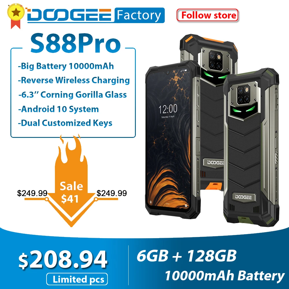 

DOOGEE S88 Pro IP68/IP69K Rugged Mobile Phone 10000mAh 6.3'' FHD+ Smartphone Helio P70 Octa Core 6GB 128GB Android 10 Telephones