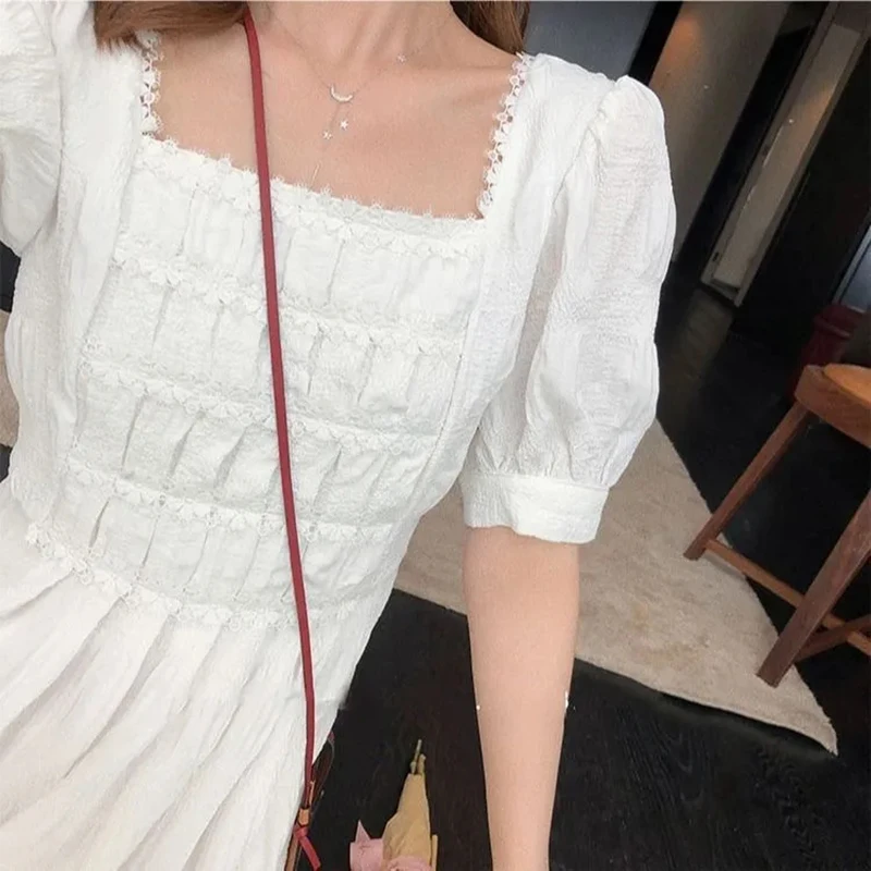 

2021 White Square Collar Midi Dress Fashion High Waist Puff Sleeve Dresses For Women 2021 Casual Slim Ruched Short Sleeve Dress