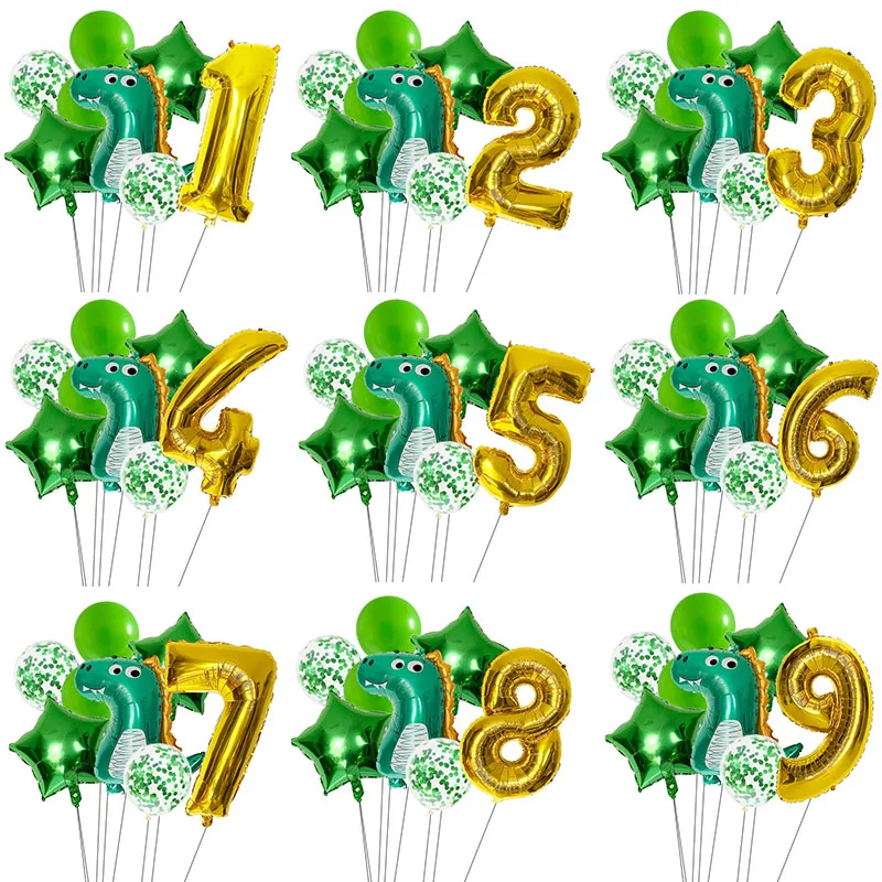 Dinosaur Balloons Set 32Inch Number Foil Balloon Green Latex Confetti Globos For Boy Kids Dino Theme Birthday Party Decor