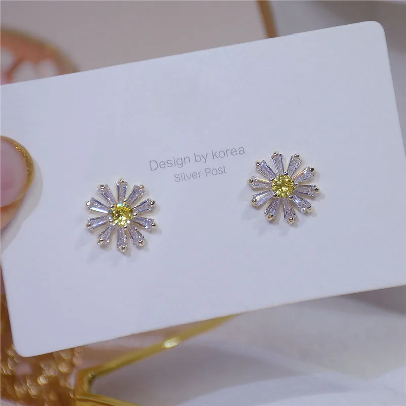 

High Quality 14K Real Gold Delicate Little Daisies Stud Earrings for Women Cubic Zircon ZC Temperament Gift Earrings