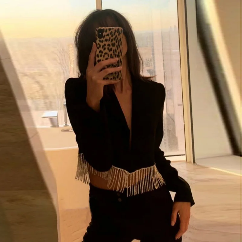 

Fashion Bloggers Strongly Recommend Shiny Tassels Diamond Navel Small Suit Short Jacket Black Suit Short Coat