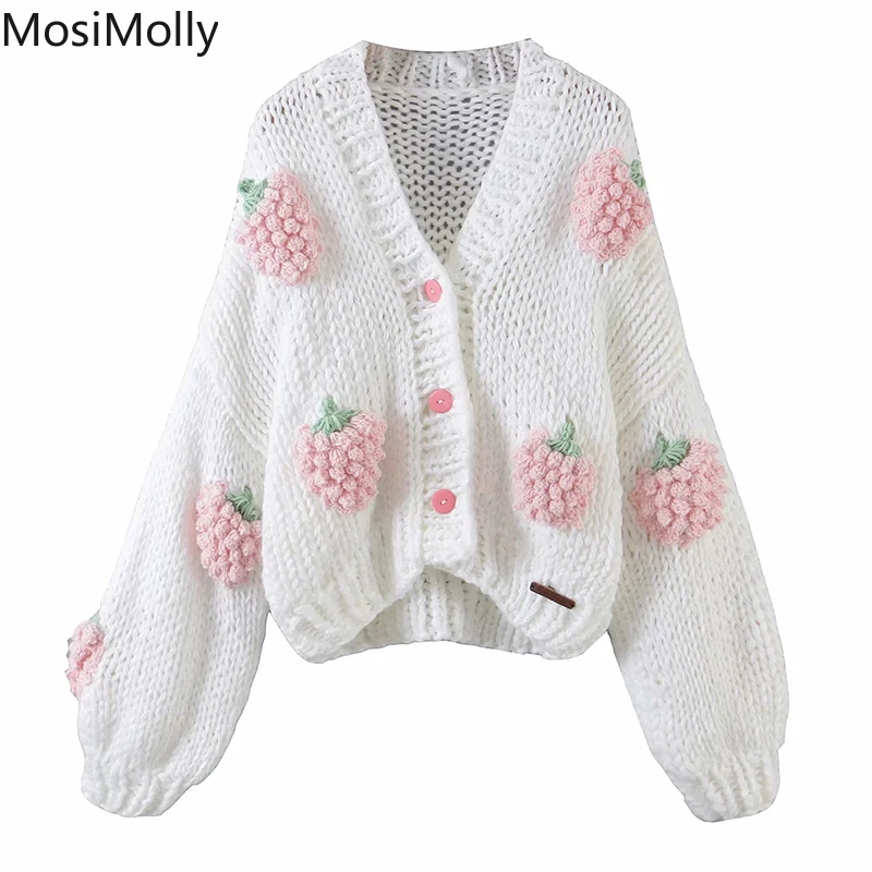 

Pink Strawberry Handmade Cardigan Women Knitting Sweater Jumper Winter Warm Cardigan 2021 AW